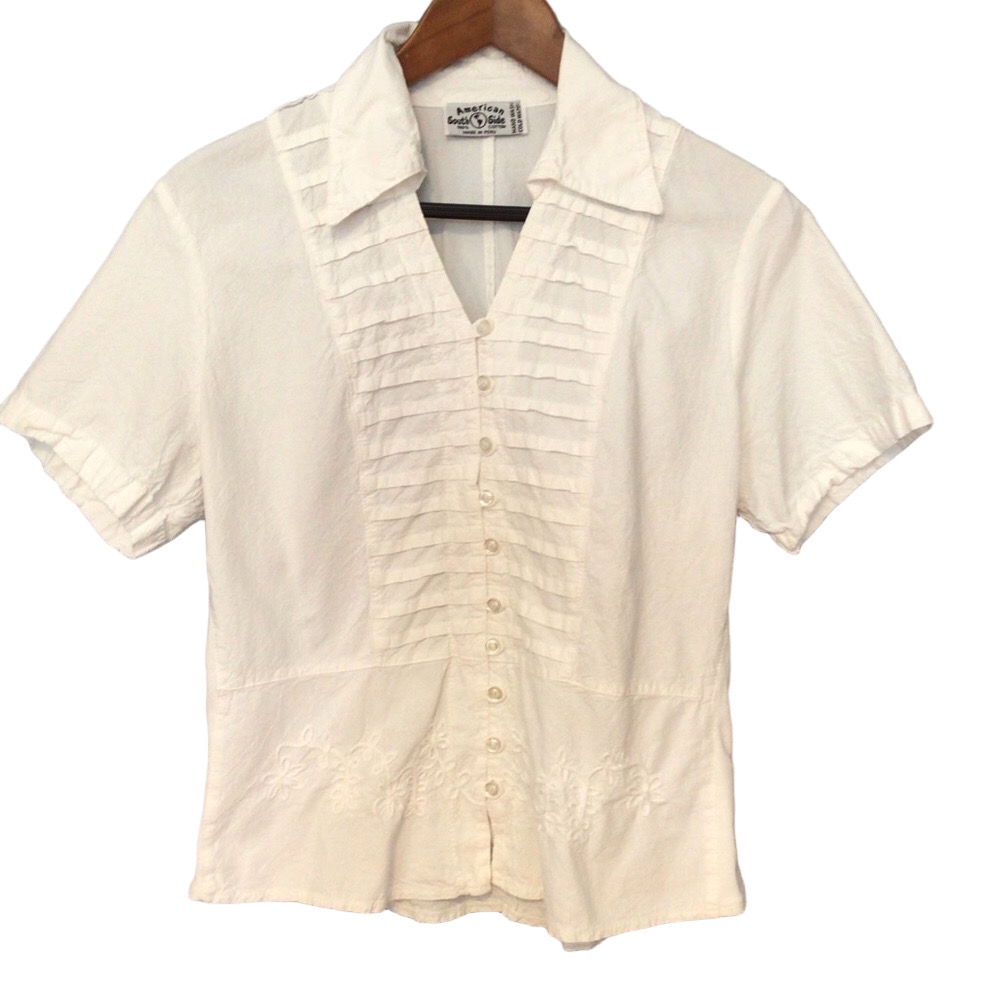AMERICAN SOUTH SIDE White Pleated Button-Down Shirt Embroidered Large